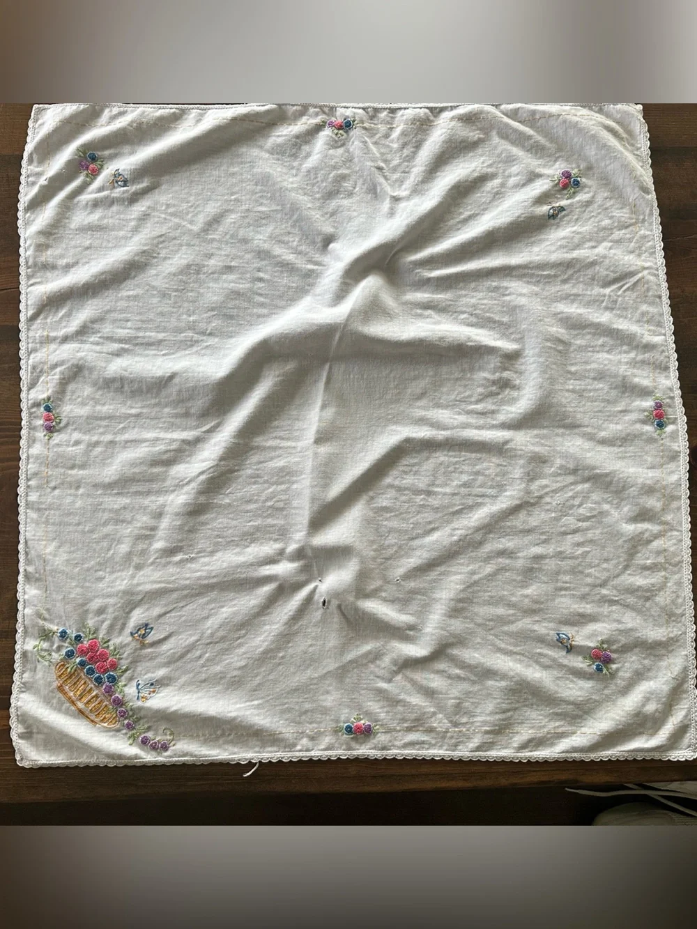 Vintage Hand Embroidered Bread Basket Liner Floral Butterfly Crochet Edge